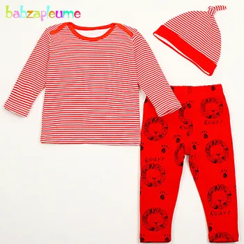 babzapleume/ весенне-осенняя одежда для маленьких девочек и мальчиков, хлопковая толстовка в полоску для младенцев + брюки + шапки, комплекты одежды для новорожденных, 3 предмета, BC1347