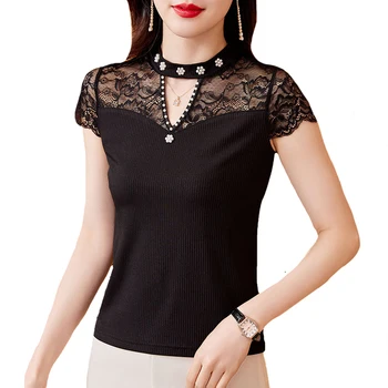 M-4XL, Сексуальные кружевные топы в стиле пэчворк, Повседневная Черная рубашка с коротким рукавом, расшитая бисером, Открытая женская футболка Blusa