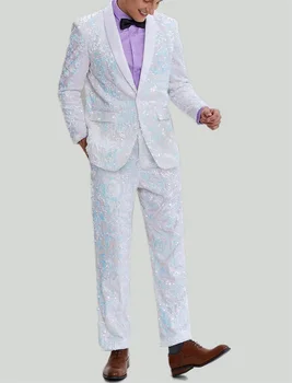 Комплект Мужских костюмов с блестками, Блейзер, Свадебный Смокинг, Белый и синий, 2 предмета, пальто + брюки, куртка для выпускного вечера, Мужской костюм на заказ