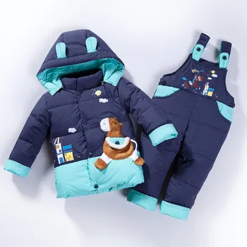 Детское Пальто на утином пуху, комбинезон, одежда для маленьких девочек и мальчиков, теплая зимняя одежда из 2 предметов, костюм и комбинезоны, комплекты одежды для малышей
