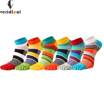 Яркие Цветные Носки на щиколотке с пятью пальцами, Мужские Хлопчатобумажные полосатые носки в стиле пэчворк, Дышащие Уличные модные Носки без носков Sokken