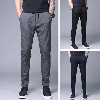 Модные летние брюки Мужские с эластичным поясом 3D резки, уличные брюки для бега из ледяного шелка, Тонкие повседневные брюки, мужская одежда