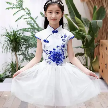 Летнее платье Hanfu для девочек, Детская одежда, Детский Повседневный праздничный Традиционный китайский костюм Тан, Тюлевые платья с цветочным рисунком