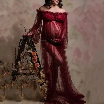 Бисероплетение, жемчуг, тюль, платье для фотосъемки беременных, Прозрачный тюль, жемчуг, макси-платье для беременных для фотосессии, свободный размер