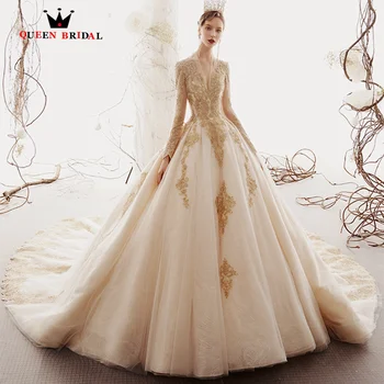 Изысканное Свадебное платье с кружевом цвета шампанского, Королевское бальное платье Принцессы с длинным рукавом, V-образный вырез, шнуровка без спинки, Vestidos De Noiva ZX19