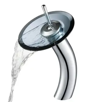 Смеситель для ванной с водопадом для раковины с прозрачным черным стеклянным диском, хром