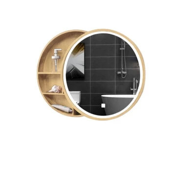 Двухтактный зеркальный шкаф для ванной комнаты из светлого массива дерева, интеллектуальное хранилище с защитой от запотевания, настенные круглые зеркальные шкафы