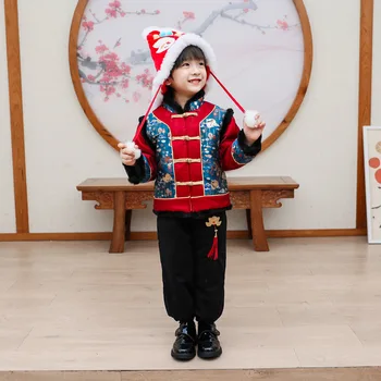 Детская Одежда Новый Зимний Мальчик, Традиционный китайский стиль, Этнический стиль, Одежда Хань, Костюм Тан, Плотная куртка, Брюки, Два комплекта