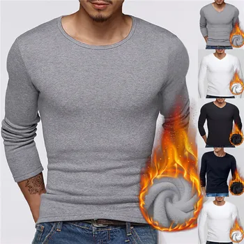 Мужское термобелье с длинными рукавами, мужская плюс бархатная футболка с подкладкой, облегающая шею Рубашка, мужское нижнее белье