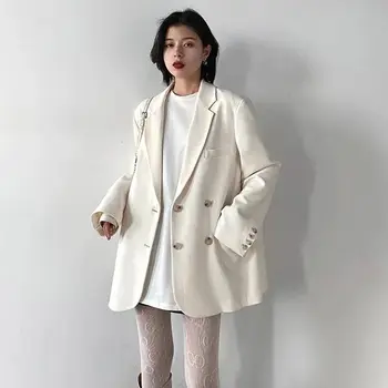 Роскошный Офисный женский шикарный костюм 2023 размера Оверсайз, Белый Блейзер, черные пальто, Весна-осень, Винтажная двубортная корейская мода