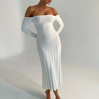 Белое Элегантное Плиссированное платье-свитер для Женщин, Модное Тонкое Длинное Вязаное Платье с открытыми плечами, Осенне-Зимние Вечерние Наряды 2023