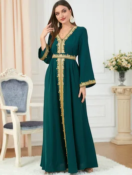 Платья для мусульманских женщин, кружевная вышивка, V-образный вырез, длинный рукав, вечернее платье Макси с поясом, Элегантный марокканский кафтан, турецкая одежда