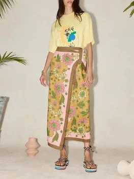 Женская длинная юбка-миди на шнуровке Jupe 2023, летняя новинка, женская повседневная юбка-миди с цветочным принтом и высокой талией