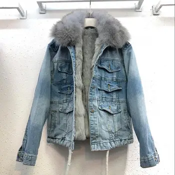 Воротник из натурального лисьего меха, более толстая теплая джинсовая куртка, пальто, женская зимняя подкладка из натурального кроличьего меха, съемные пальто из натурального меха F2087