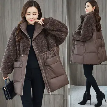 Новая зимняя куртка для женщин из овечьей шерсти в стиле пэчворк, топы с длинными рукавами, Теплая хлопковая куртка Оверсайз корейской моды