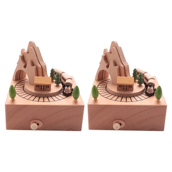 2X Деревянная музыкальная шкатулка с изображением горного туннеля с маленькими движущимися магнитными паровозиками