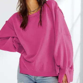 Осенний женский пуловер 2023 года, однотонный пуловер с круглым вырезом и длинными рукавами, Модные раздельные Свободные повседневные топы, одежда