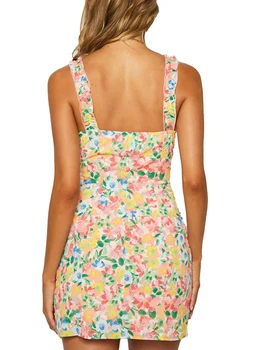 Мини-платье Y2K с цветочным принтом в винтажном стиле, А-силуэтом на тонких бретельках и открытой спиной - идеально подходит для лета