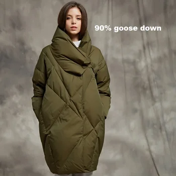 Пальто с гусиным мехом, зимнее Роскошное теплое пальто из 90% натурального гусиного пуха, женское пальто с высоким воротником, черно-зеленое толстое теплое пуховое пальто wq125