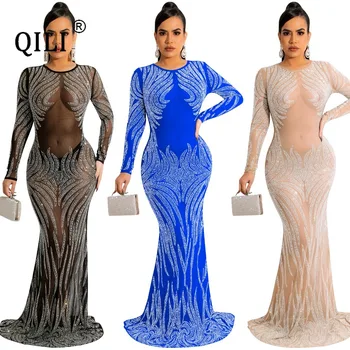 QILI-Сексуальное женское платье Макси с ромбовидной сеткой в стиле ночного клуба, с длинным рукавом, прозрачное, Макси Платье для женщин