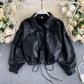 Корейское Винтажное кожаное пальто в стиле Bf, Роскошная Дизайнерская Женская Винтажная короткая мотоциклетная куртка с большим карманом, черная