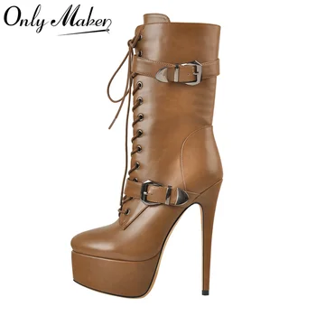 Onlymaker/ Женские ботильоны на платформе, Модные ботинки на высоком тонком каблуке с металлическими пластинами, пряжкой, молнией, на шнуровке, Ботинки на шпильке