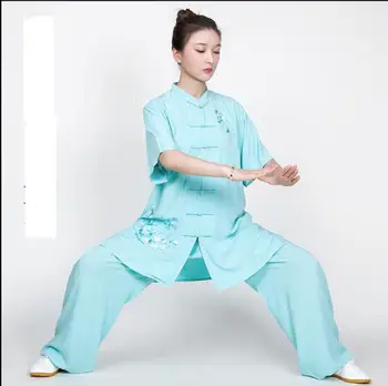 Китайский традиционный женский летний костюм Тайцзи с короткими рукавами Кунг-фу Летняя одежда