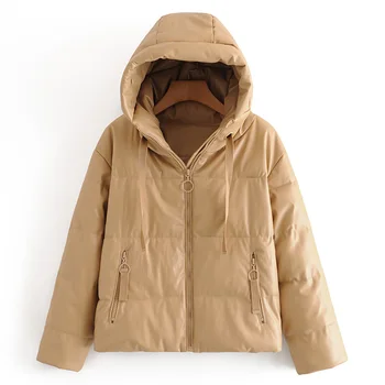 Повседневная модная хлопковая куртка из искусственной кожи, женская зимняя новинка 2023, однотонное универсальное хлопковое пальто с капюшоном