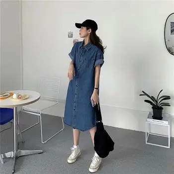 2023 Джинсовое Синее Длинное платье Женская Весенне-летняя Корейская мода Ретро, Рубашка средней длины с коротким рукавом, Длинное Платье в повседневном стиле