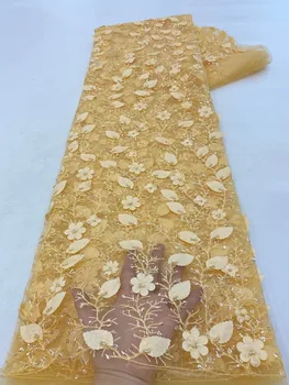 Изысканная 3D кружевная вышивка с объемными листьями и цветами, высококачественная ткань для кружевного платья из французского тюля/5 ярдов VXZ5530