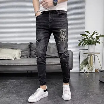Весенне-осенние Роскошные Мужские классические черные джинсы в корейском стиле со стразами и потертыми дырками, эластичные брюки в обтяжку, мужские брюки