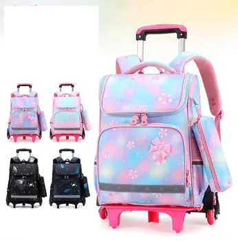 Школьный рюкзак на колесиках для девочек, ортопедическая сумка-тележка для мальчиков, детский рюкзак на колесиках с ручкой, школьный рюкзак на колесиках