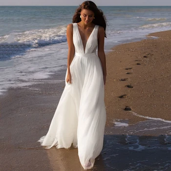 Простые Пляжные Свадебные платья с открытой спиной 2023, Белый V-образный Вырез, Сексуальные Складки Без рукавов, Платья для свадебных Вечеринок в стиле Бохо, Vestidos De Novia