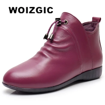 WOIZGIC, женские ботильоны для мамы, ботинки из натуральной кожи, обувь на плюшевом меху, теплая осенняя Обувь с острым носком, Большие размеры 42 43
