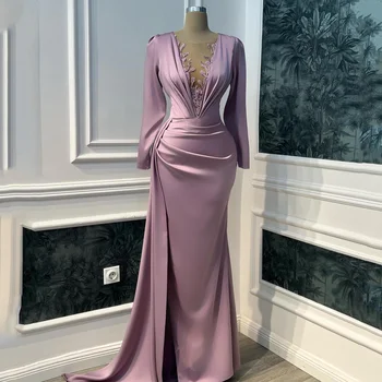 Фиолетовые платья для выпускного вечера С длинными рукавами и круглым вырезом, вечернее платье Русалки, расшитое бисером, Саудовская Аравия, коктейльные плиссированные платья для вечеринок, индивидуальный размер