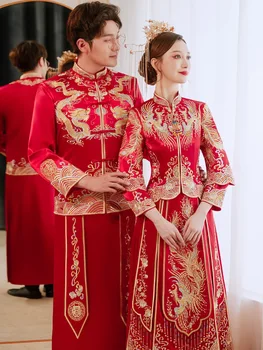 Традиционное Китайское Атласное Свадебное Платье Ципао С Изысканной Вышивкой Дракона И Феникса, Свадебный Тост Cheongsam Vestidos