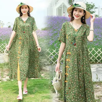 2023 новый китайский стиль, традиционное свободное платье с цветочным рисунком, хлопковые и льняные пуговицы, повседневное платье daliy green cheongsam