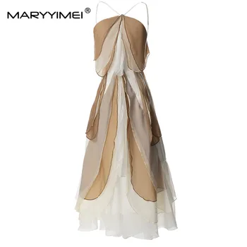 MARYYIMEI 2023 Модное весенне-летнее платье на бретелях с подвешенным вырезом, Многослойные платья с рюшами и открытой спиной, лоскутные банкетные Длинные Платья