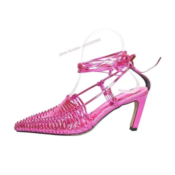 Розово-Красные Трикотажные Босоножки на Шнуровке, Однотонная Женская обувь с острым носком на Тонком высоком Каблуке, Пикантная Женская Обувь 2023, Zapatos Para Mujere