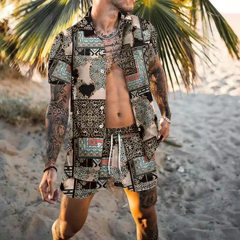 2023 Летние Новые Мужские Гавайские рубашки Повседневная рубашка с коротким рукавом с принтом + Пляжные шорты Модная Одежда Мужские костюмы