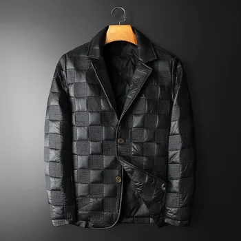 Высококачественная мотоциклетная куртка на утином пуху на молнии, Мужское 90% белое пальто, костюм с лацканами, Винтажная черная одежда
