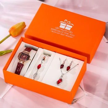 Красные часы для женщин, водонепроницаемые кварцевые наручные часы, Роскошные Элегантные женские часы с ювелирными изделиями, Серьги, Ожерелье, браслет, Подарочный набор