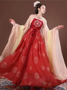 Платье Hanfu Женский Китайский Традиционный Косплей Костюм Династии Тан Древнее Летнее платье Hanfu Красное и зеленое Сценическое платье для танцев