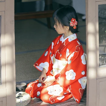 Японское детское Кимоно Юката, платье для девочек с вишневым цветом, костюмы красного цвета, Реквизит для фотосъемки в Японском стиле, Одинарная ткань Поли