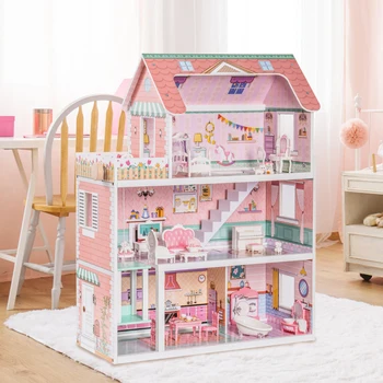 Деревянный кукольный домик для детей с мебелью из 24 предметов, кукольный домик для дошкольного учреждения, игрушка для детей