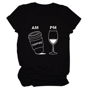 AM Coffee PM Женская футболка с Принтом красного Вина, Короткий рукав, O-Образный Вырез, Свободная Женская Футболка, Женская Футболка, Топы, Camisetas Mujer