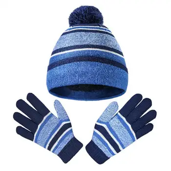 1 Комплект детских вязаных шапок и перчаток, теплая модная осенне-зимняя вязаная шапка в полоску, перчатки для повседневной носки