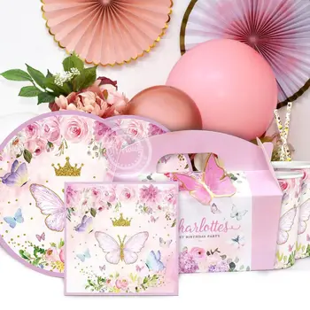 1 комплект Одноразовой посуды с бабочкой Фиолетово-Розовые Тарелки Баннеры для Декора Дня рождения Девочки с бабочкой Принадлежности для послеобеденного чаепития