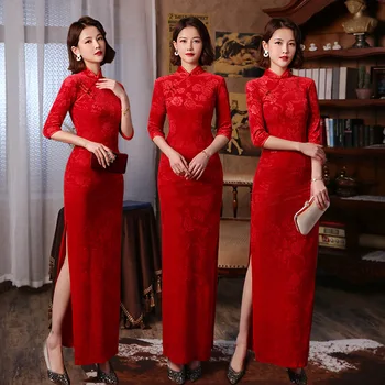 2023 Длинное платье в китайском стиле для подиума, тонкий Чонсам, женское красное ципао из хлопка, свадебная вечеринка, лето в Ханфу
