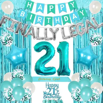 Бирюзовые украшения на 21-й день рождения для нее, Наконец, Легальные Воздушные шары, Занавески С Бирюзовой Бахромой, Баннер С Днем Рождения, Пояс для Именинницы